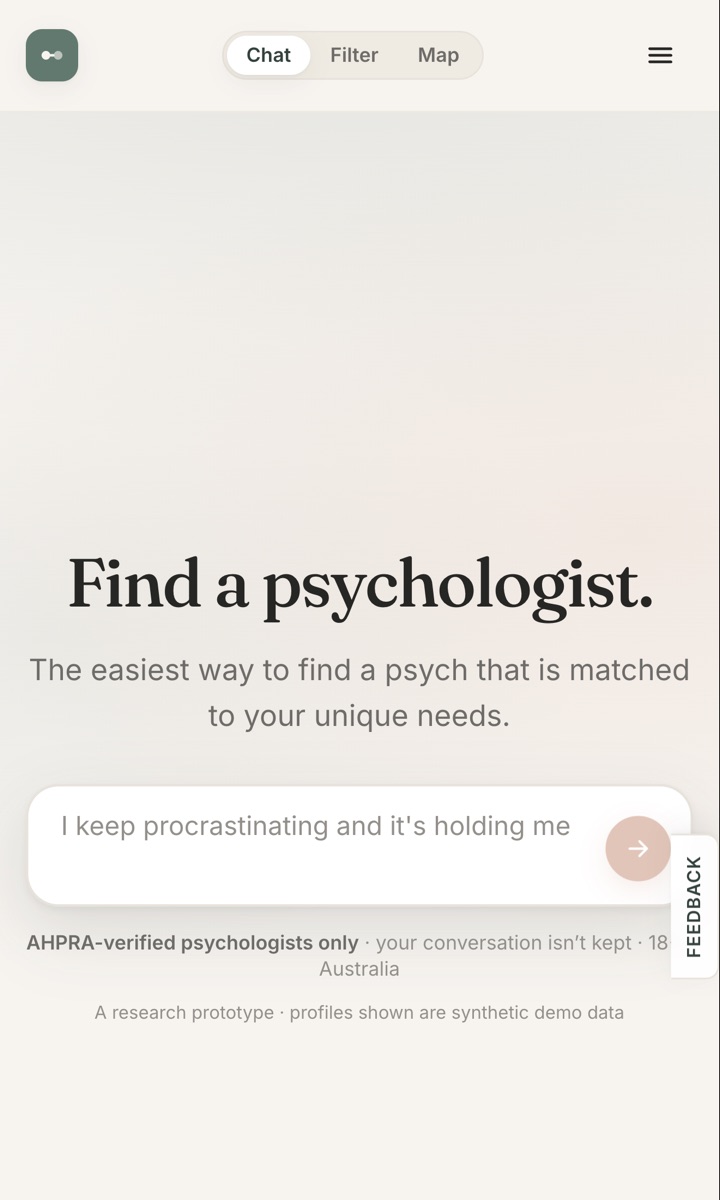 FindPsych on a phone: “Find a psychologist.” with a box to describe what you are looking for in your own words