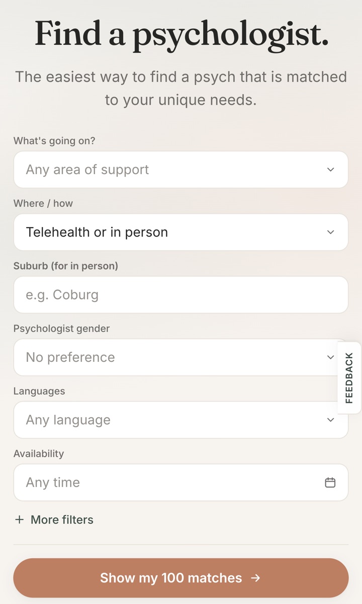 FindPsych filters on a phone: area of support, telehealth or in person, suburb, language and availability