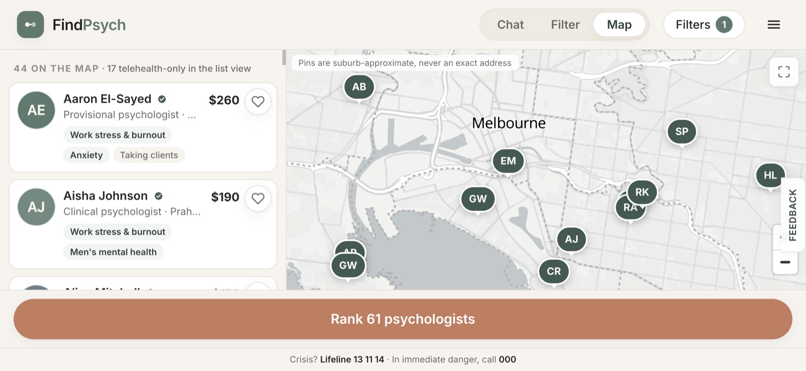 FindPsych map view on a phone held in landscape