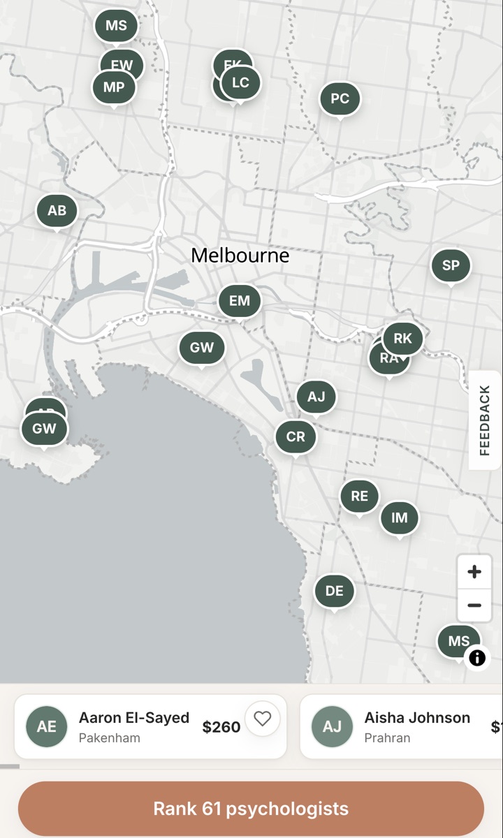 FindPsych on a phone: a map of psychologists across Melbourne above profile cards with fees, and a Rank button