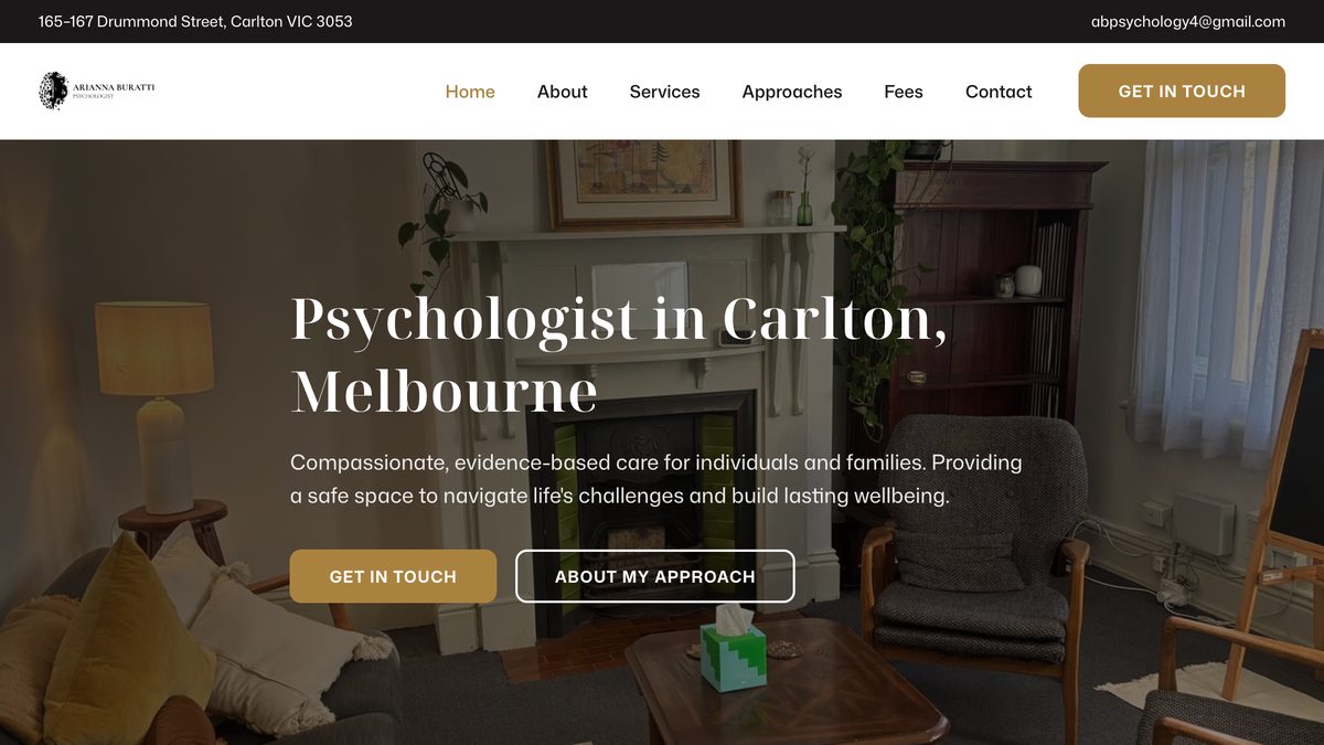 The ab-psych.com.au home page: “Psychologist in Carlton, Melbourne” over a photo of the consulting room