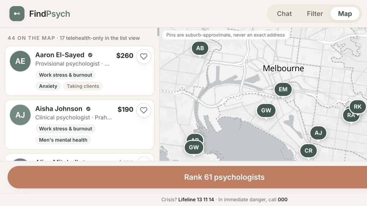 FindPsych map view: psychologists pinned across Melbourne beside profile cards with fees